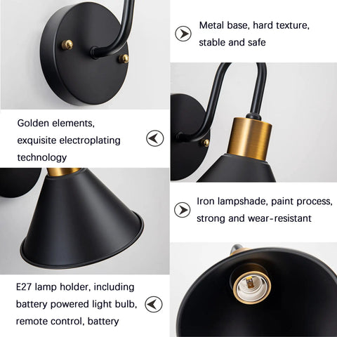Details of Black Farmhouse Gooseneck Barn Lights from Battery Operated Wall Sconce Set With Remote, showing lamp holder and metal base.