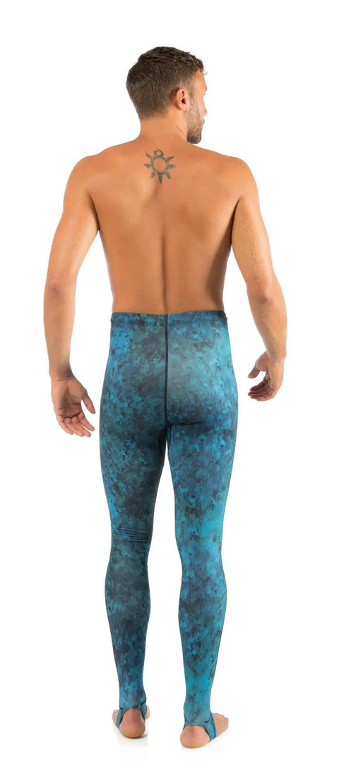 Back view of man wearing Hunter Rash Guard Pants Camo Blue For Water Sports, Size Large