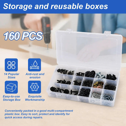 160 Piece Universal Car Body Panel Screws And Fasteners Kit with 14 sizes in storage box highlighting versatility and organization