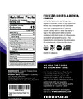 Back label of Organic Aronia Powder 4 Oz Freeze Dried Antioxidant Packed Superfood showing nutrition facts and certifications