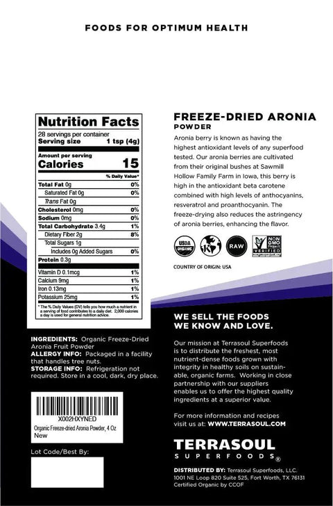 Back label of Organic Aronia Powder 4 Oz Freeze Dried Antioxidant Packed Superfood showing nutrition facts and certifications