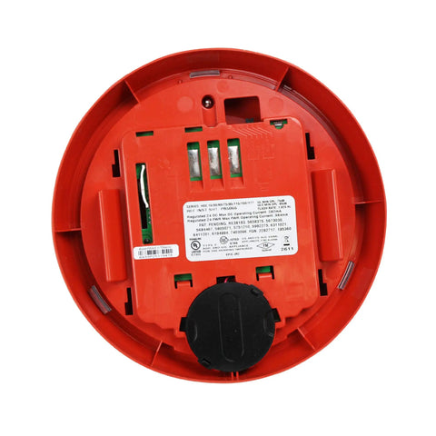 Exceder Ceiling Mount Fire Alarm Horn Strobe in Red Housing, rear view, multiple voltages, ceiling speaker for commercial spaces