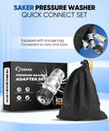 Front view: Saker pressure washer hose connector set (10 pcs) with storage bag and metal adapters.