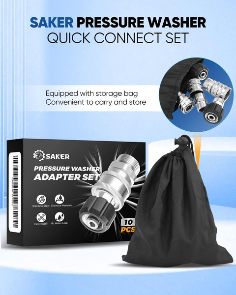 Front view: Saker pressure washer hose connector set (10 pcs) with storage bag and metal adapters.