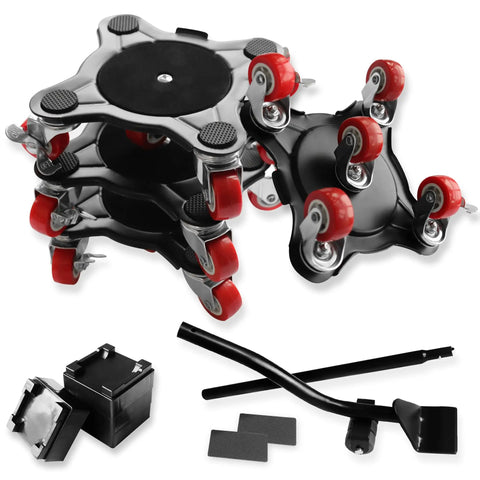 Heavy Duty 5 Wheel Furniture Dolly With Brakes, 2200 Lbs Load Capacity, carbon steel construction with accessories on display