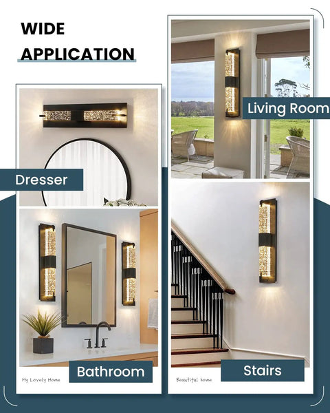 LED Wall Sconce Light 19 Inch Black Modern Dope Crystal Glass Wall Lamps Dimmable 3000K Warm White in various rooms