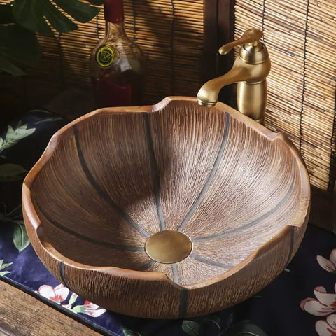 Straight Up Ceramic Vessel Sink Retro Above Counter Bathroom Vanity Washbasin With Pop Up Drain Rock Solid Heat ResistantTop view of a decorative brown ceramic basin.
