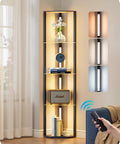 Go To Space Saving Floor Lamp With Built In Table And Shelves in living room, brown frame, linen shade, remote control shown