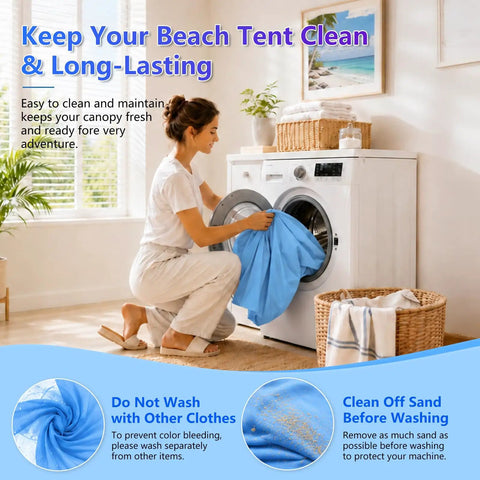 Woman washing Grab And Go Beach Tent Sun Shelter 10x10 Ft UPF50 Plus Canopy With Beach Mat 8 Sandbags in machine