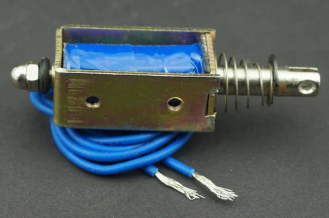 5N 12V DC Push Pull Open Frame Solenoid Electromagnet With Built In Mounting Board Miniature Spring Loaded Actuator For ATM Machines Vending Heavy Duty Industrial Use, open-frame with blue wires