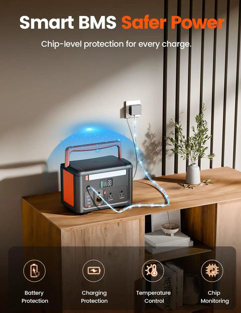Lightweight Portable Power Station Delivers 600W Continuous Power With 1200W Surge 299Wh Battery Backup for camping shown on table
