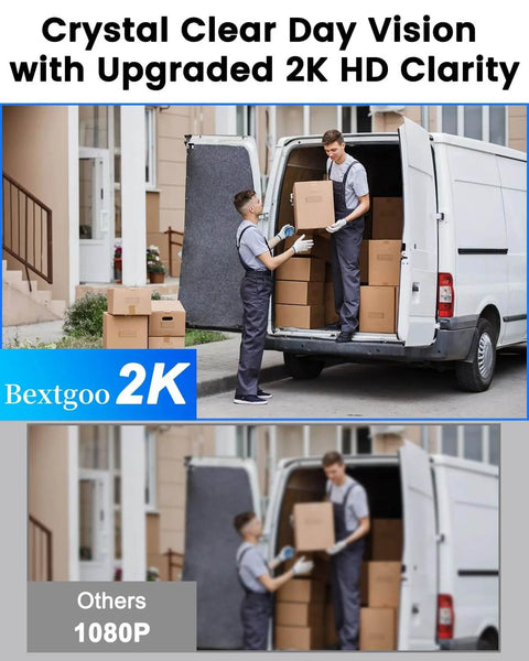 Comparison of crystal clear day vision with upgraded 2K HD clarity versus standard 1080P, featuring delivery workers unloading boxes from van.