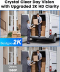 Two delivery men unloading boxes from a van beside a building, demonstrating 2K HD clarity with text 'Crystal Clear Day Vision'.
