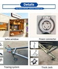 Details of Built Different 18 Foot White Prefab Food Trailer For Catering Hustles, showing sales window, power connector, towing system, truck jack.
