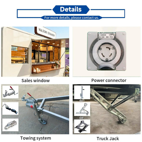 Details of Built Different 18 Foot White Prefab Food Trailer For Catering Hustles, showing sales window, power connector, towing system, truck jack.
