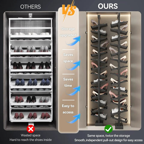 Comparison of shoe storage: Heavy Duty Vertical Pull Out Shoe Rack With Slick Glide Sliding Trays For Hassle Free Casual Kick Keeper Setup And Clutter Free Closet Organized Smart Home Upgrade.