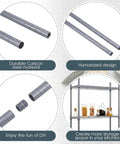 Close-up of 4 Pack 74 Inch Wire Shelving Post Set With Eight Heavy Duty Chrome Pole Sections And Fifty Shelf Clips, black wire poles and assembled shelf view.