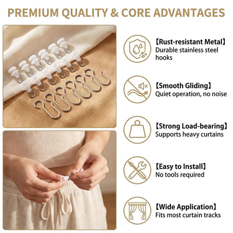 100 Pack Curtain Track Hooks And Gliders Set With 50 White Plastic Rollers And 50 Metal S Hooks, smooth glide features