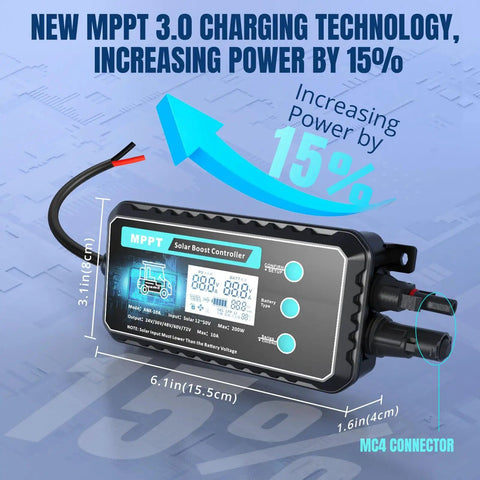 Beefy Waterproof Boost MPPT Solar Charge Controller 12V-48V Up To 250W Panel with dimensions and features highlighted