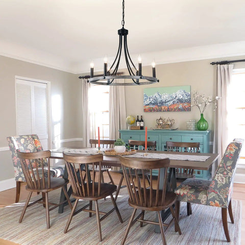 Farmhouse Wagon Wheel Chandelier 20 Inch Black Brown Iron With 6 Lights Round Rustic Kitchen Island Pendant Light over dining table