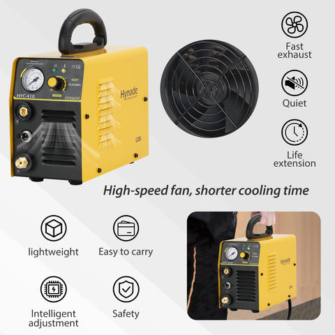 HYC410 110V Plasma Cutter, 35 Amp Air Plasma Cutter with fan, control panel, and handle for metal and auto body jobs.