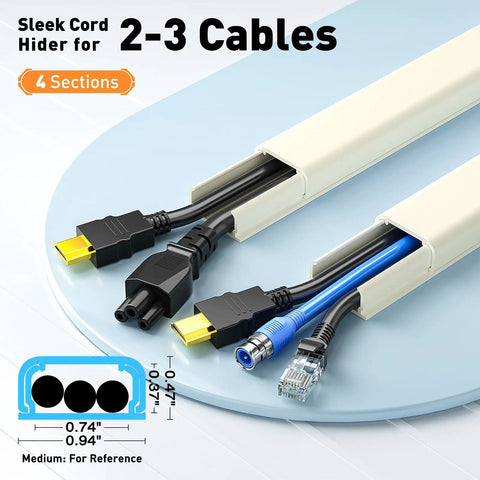Straight Up Sturdy Beige Cord Hider And Wall Cable Cover Fits 2 To 3 Wires Fire Resistant quick attach wire organizer with cables inside.