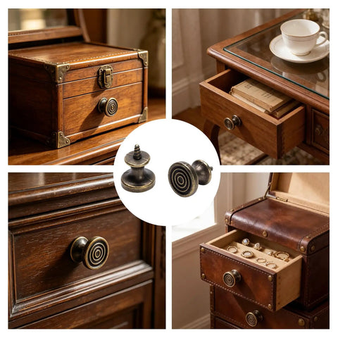 Antique Mini Drawer Knobs And Pull Handles For Dressers Cabinets And Jewelry Boxes With Self Tapping Screws Compact Replacement Furniture Hardware That Gives Your Space A Slick Vintage Makeover Today, displayed on drawers.