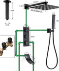 Badass Matte Black Wall Mount Shower Combo With Thermostatic Dial And Air Boost Tech Delivers Sick Rainfall Flow Handheld Sprayer And Waterfall Spout For Premium Bathroom Setup dimensions and brass valve core.