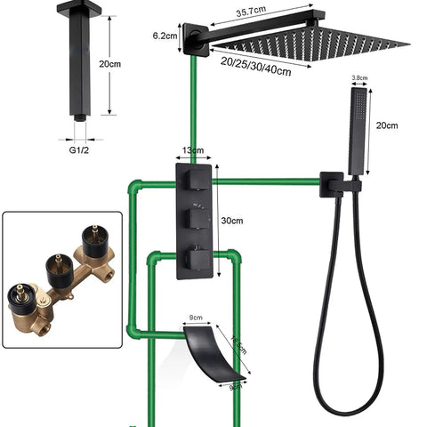 Badass Matte Black Wall Mount Shower Combo With Thermostatic Dial And Air Boost Tech Delivers Sick Rainfall Flow Handheld Sprayer And Waterfall Spout For Premium Bathroom Setup dimensions and brass valve core.