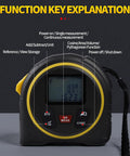 3 In 1 Laser Tape Measure Up To 131 Feet With Lcd Display Portable Measuring Tool showing function keys explanation.