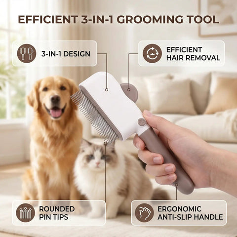 Check Out This Awesome Pet Grooming Kit With A Smooth Self Cleaning Deshedding Brush Rotating Knob And Multi Metal Comb For Fast Fur Removal On Long Or Short Haired Pups Without Any Mess, 3-in-1 brush
