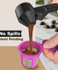 Coffee Scoop With Leveling Funnel For Reusable K Cup Pods And Ground Coffee Measuring Spoon 2 Tablespoon Capacity Perfect For Ground Coffee Tea And Protein Powder No Spill Mess Free Refill being used to pour coffee grounds into a reusable cup, demonstrating no spill design.