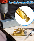 8 Pack Titanium Coated HSS Twist Drill Bits Set With Hex Shank Serrated Side Cutting for wood metal and plastic, sizes 3mm to 10mm