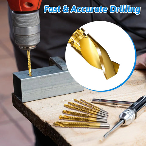 8 Pack Titanium Coated HSS Twist Drill Bits Set With Hex Shank Serrated Side Cutting for wood metal and plastic, sizes 3mm to 10mm