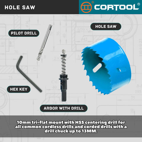 3-inch bi-metal hole saw kit with blue cutter, arbor and pilot drill with hex key
