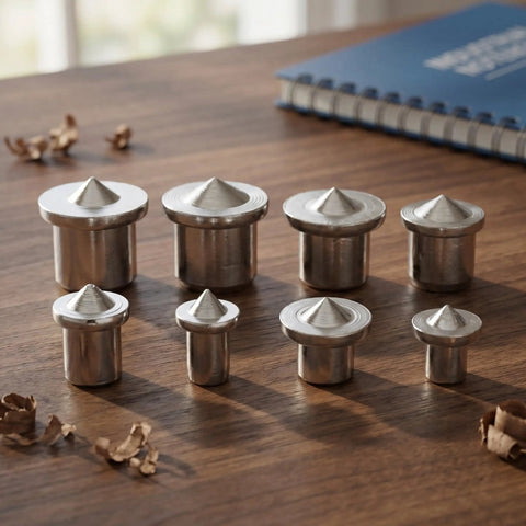 Woodworking Dowel Center Pins Set 16pc Solid and Hollow Drill Hole Markers on wooden table