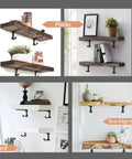 Four displays of heavy duty 6 inch shelf brackets with hooks, metal vintage farmhouse style, supporting various open shelves.
