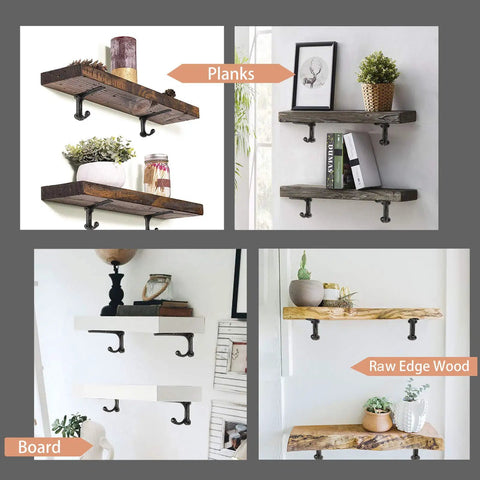 Four displays of heavy duty 6 inch shelf brackets with hooks, metal vintage farmhouse style, supporting various open shelves.