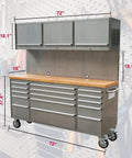 72 Inch Stainless Steel Rolling Tool Chest With 15 Drawers And 3 Upper Cabinets, Mobile Workbench On Wheels, Lockable Storage Cabinet With Pegboard And Solid Wood Top For Pro Grade Tool Organization, front view