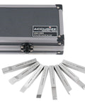 Pro-Grade 8 Piece Three Eighths Inch HSS Tool Bit Set for Turning and Facing with storage case displayed on plain background