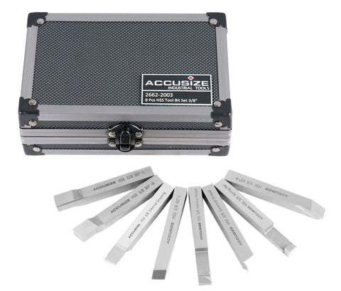 Pro-Grade 8 Piece Three Eighths Inch HSS Tool Bit Set for Turning and Facing with storage case displayed on plain background