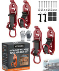 Shovel And Axe Mount Kit For Truck Roof Racks And Garage Organization Quick Release Tool Clamps Overlanding Gear Holder Bed Or Wall Mounted Bracket Heavy Duty Metal Rubber Construction Red Four Pack, including clamps and screws, shown in packaging and installed.