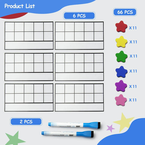 Magnetic Ten Frame Set 74 PCS for Kids Ages 5 to 7 with counters, ten frames, and markers displayed separately.