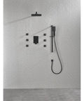 Wall Mounted Shower System with 6 Body Sprays and Hand Shower in matte black finish, showcasing modern design and durable brass construction.