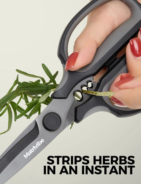 Heavy Duty All Purpose Kitchen Scissors With Ultra Sharp Blade And Power Curve Technology For Cutting Herbs Meat Packaging Cardboard And More Go To Ergonomic Durable Handles For Everyday Kitchen Tasks, close-up cutting herbs