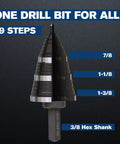 Step Drill Bit Set With Nineteen Sizes From Three Sixteenth Inch To One And Three Eighth Inch Double Fluted Cutting