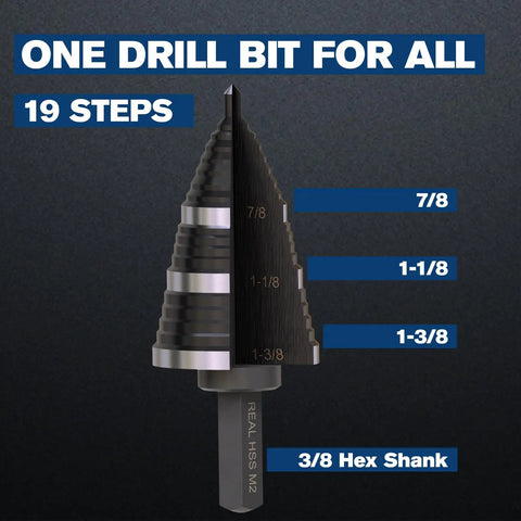 Step Drill Bit Set With Nineteen Sizes From Three Sixteenth Inch To One And Three Eighth Inch Double Fluted Cutting
