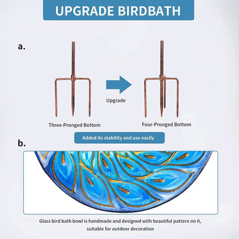 Comparison of three-pronged and four-pronged base for Glass Bird Bath On Metal Stake With Four Pronged Base For Stability Easy Assembly Outdoor Garden Bird Feeder Peacock Style Holds Water Or Bird Seed Attracts Birds To Your Yard Or Patio