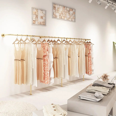 Top Tier Wall Mounted Garment Rack With Built In Shelves And Brushed Gold Finish Straight Ready For Any Boutique Or Master Closet Heavy Duty Metal Clothes Rail That Actually Holds Your Threads