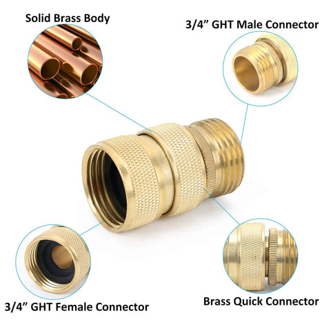 Full Flow Brass Garden Hose Quick Connect Fittings Set Built Heavy Duty With Full Port Brass Construction, showing connectors.